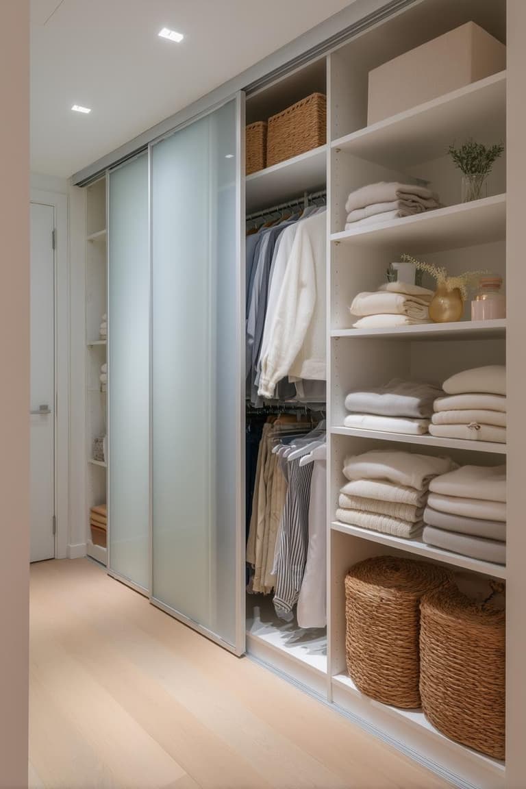 Couloir aménagé en dressing avec portes coulissantes translucides, penderie, étagères blanches, linge plié et paniers tressés.