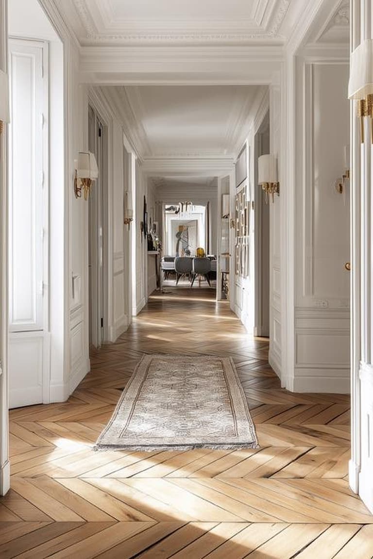 Long couloir haussmannien avec parquet point de Hongrie, tapis clair, appliques dorées, moulures blanches et cadres photo en bois.