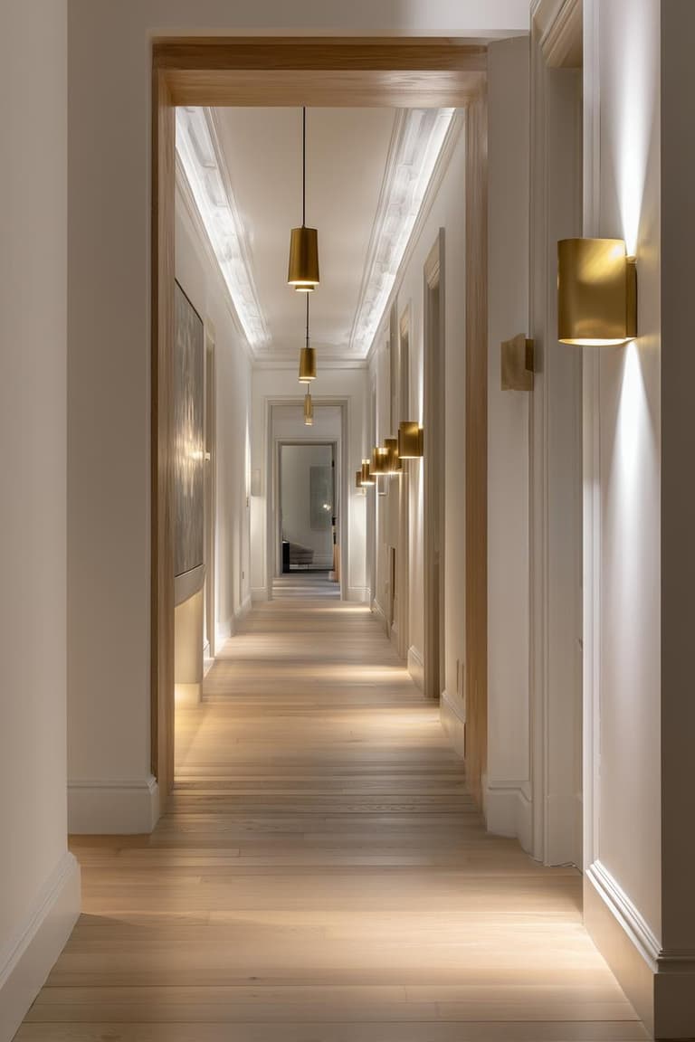 Couloir lumineux avec parquet clair, appliques murales dorées, suspensions alignées et éclairage indirect le long des moulures.