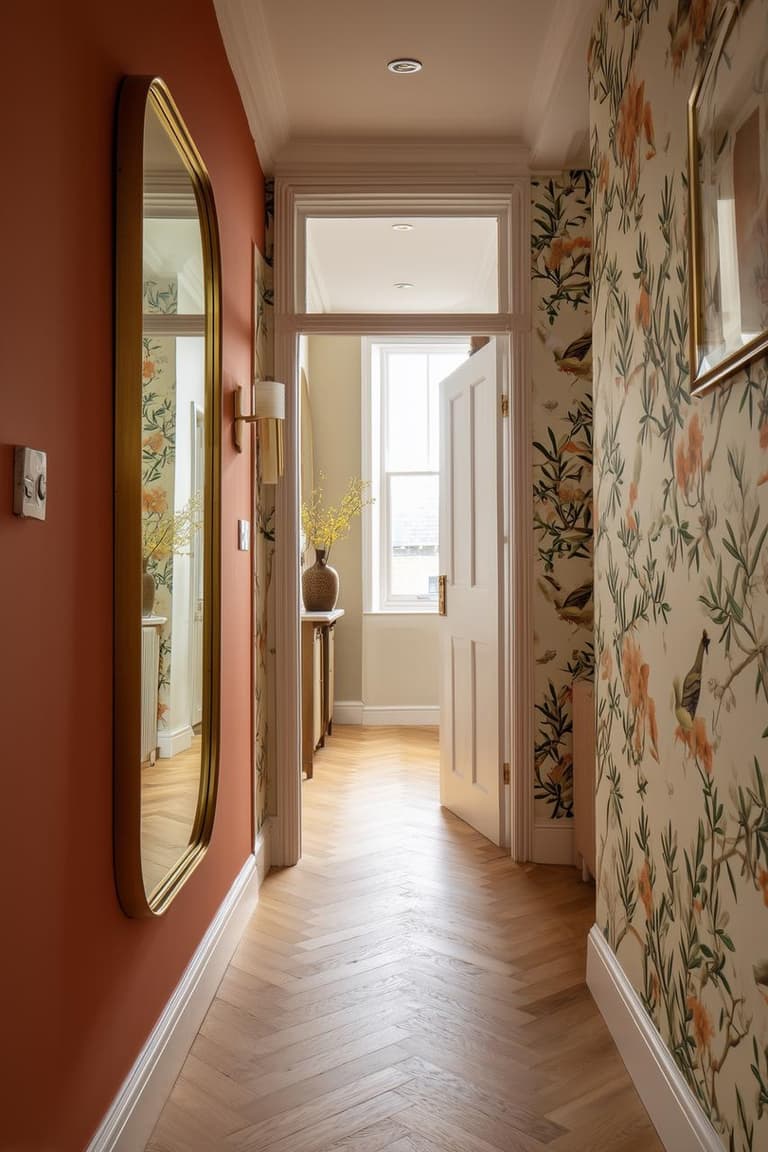 Couloir chaleureux avec mur terracotta, papier peint floral, grand miroir doré, parquet en chevrons et applique murale.