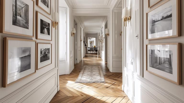 Couloir haussmannien lumineux avec parquet point de Hongrie, tapis clair, moulures blanches, appliques dorées et galerie de cadres photo en bois.
