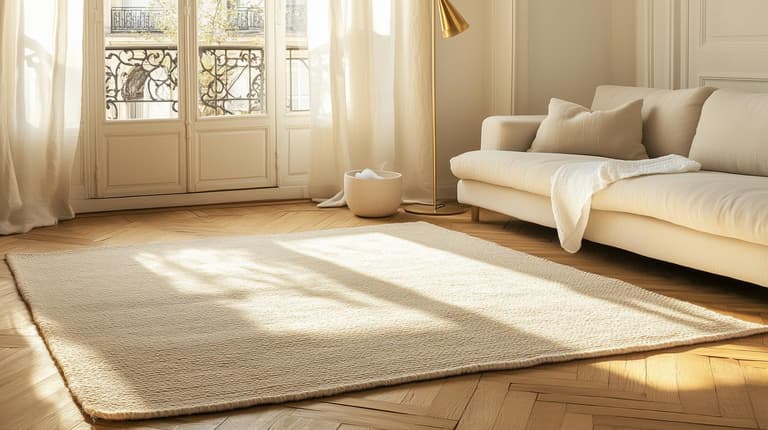 grand tapis beige dans un salon lumineux avec canapé crème, parquet en bois et lumière naturelle