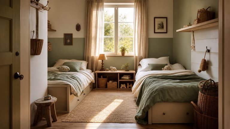 aménager petite chambre 2 enfants avec deux lits, rangements en bois clair et palette beige et vert sauge