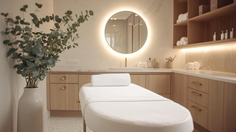 salon de beauté à domicile avec table de soin blanche, meuble en bois clair, miroir rond lumineux et vase d’eucalyptus