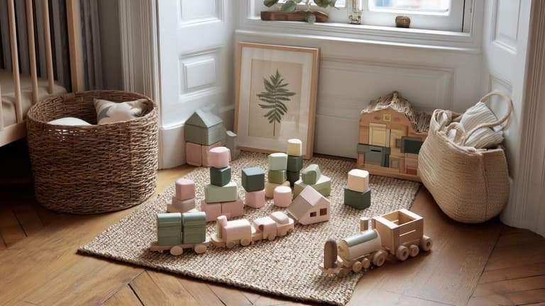 jouets en bois colorés dans une chambre d’enfant lumineuse avec tapis naturel et panier en osier