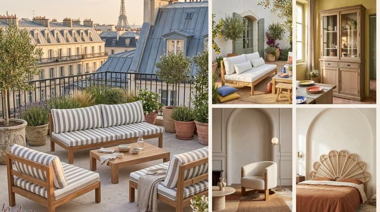 Moodboard déco de pièces Berah Getah en matières naturelles, avec salon de jardin en teck, canapé blanc, vaisselier, fauteuil bouclette et tête de lit en rotin