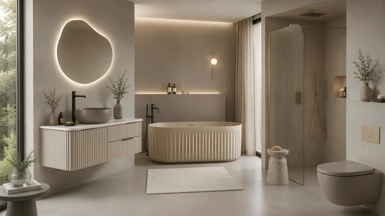 salle de bain beige moderne avec baignoire îlot cannelée, meuble vasque texturé, douche à l’italienne et lumière douce