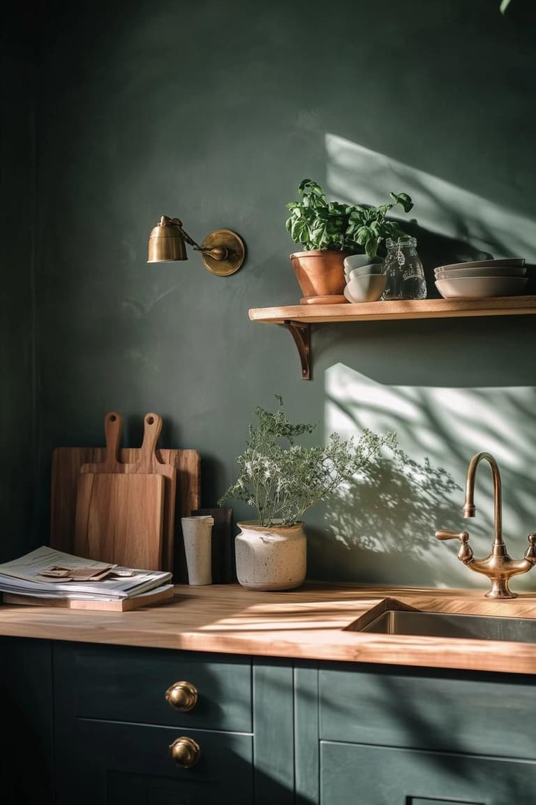 Cuisine avec mur vert sauge mat, plan de travail en bois, robinetterie cuivre, étagère murale et lumière naturelle douce.