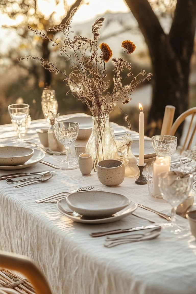 Décoration de table d’été DIY avec lin, céramique, bois flotté, fleurs séchées et détails méditerranéens.