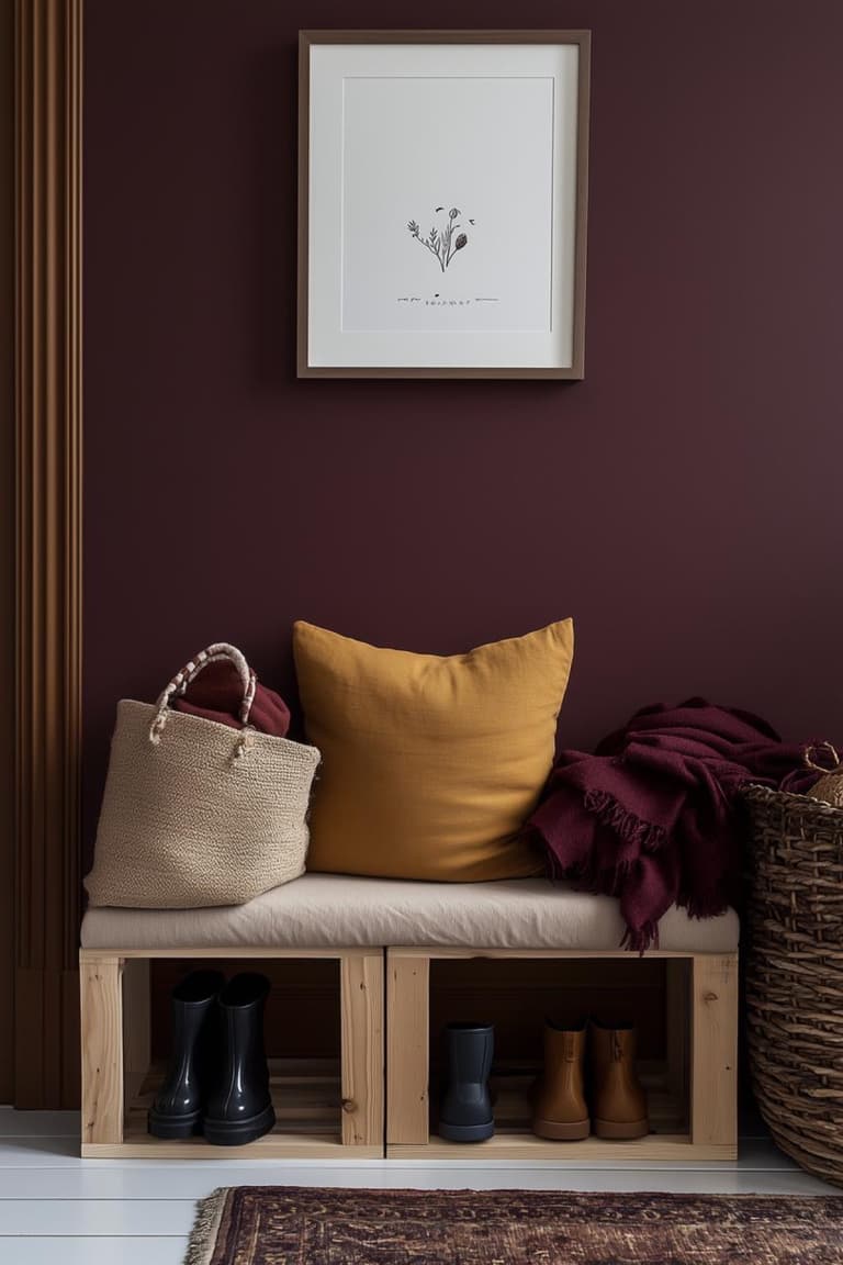banc à chaussures en bois clair avec coussin blanc, bottes rangées dessous, panier tressé, coussin moutarde et mur bordeaux