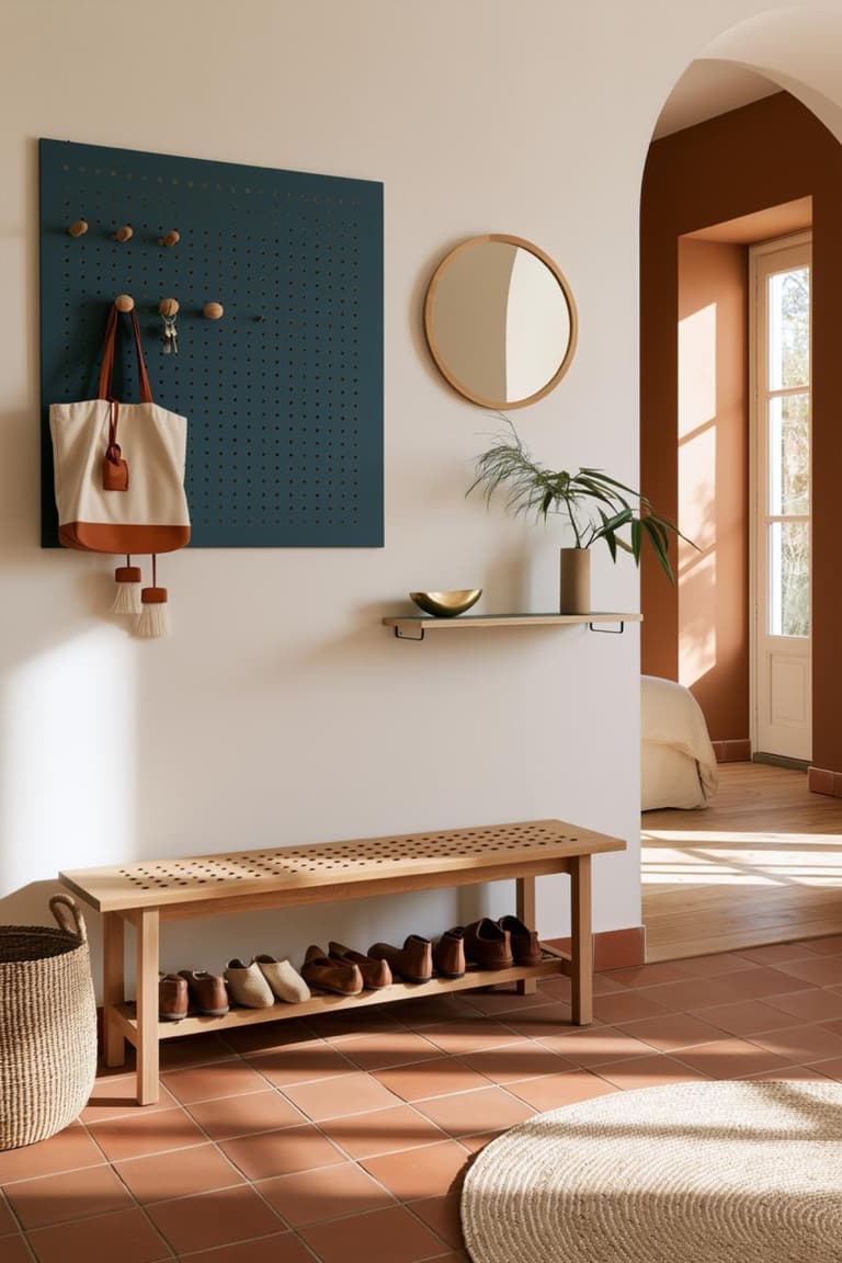 entrée lumineuse avec banc à chaussures en bois, panneau mural perforé bleu, miroir rond, console suspendue et sol en tomettes
