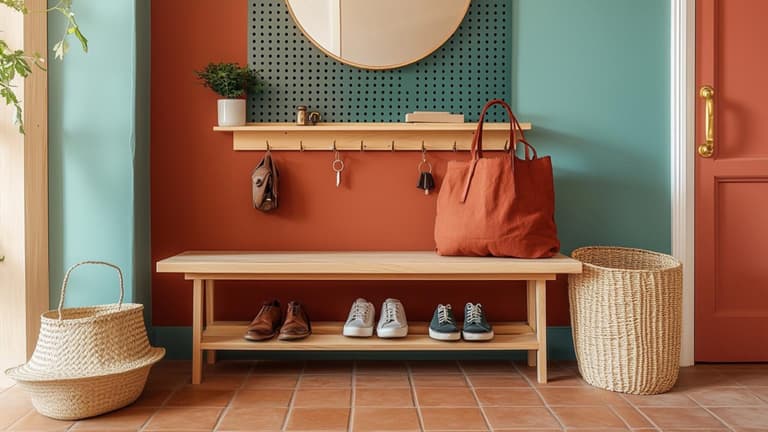 entrée colorée et organisée avec banc à chaussures en bois, panneau mural perforé, miroir rond, sacs et paniers en fibres naturelles