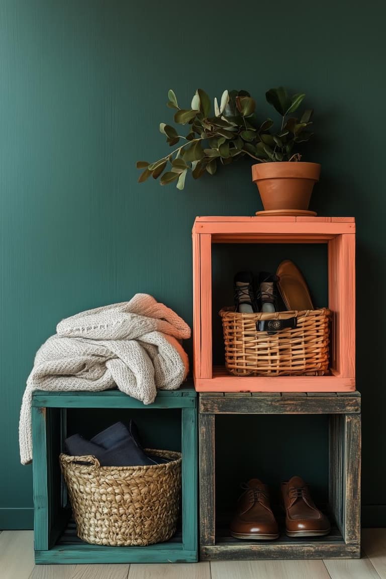 caissons de bois empilés peints en vert, corail et noir, paniers tressés, chaussures, plaid et plante en pot pour organiser une entrée