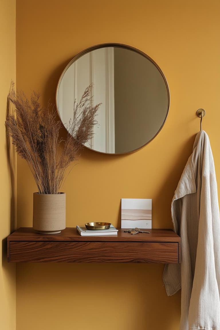 console murale en bois foncé avec miroir rond, vase de graminées séchées, vide-poche doré, clés et patère sur mur jaune ocre