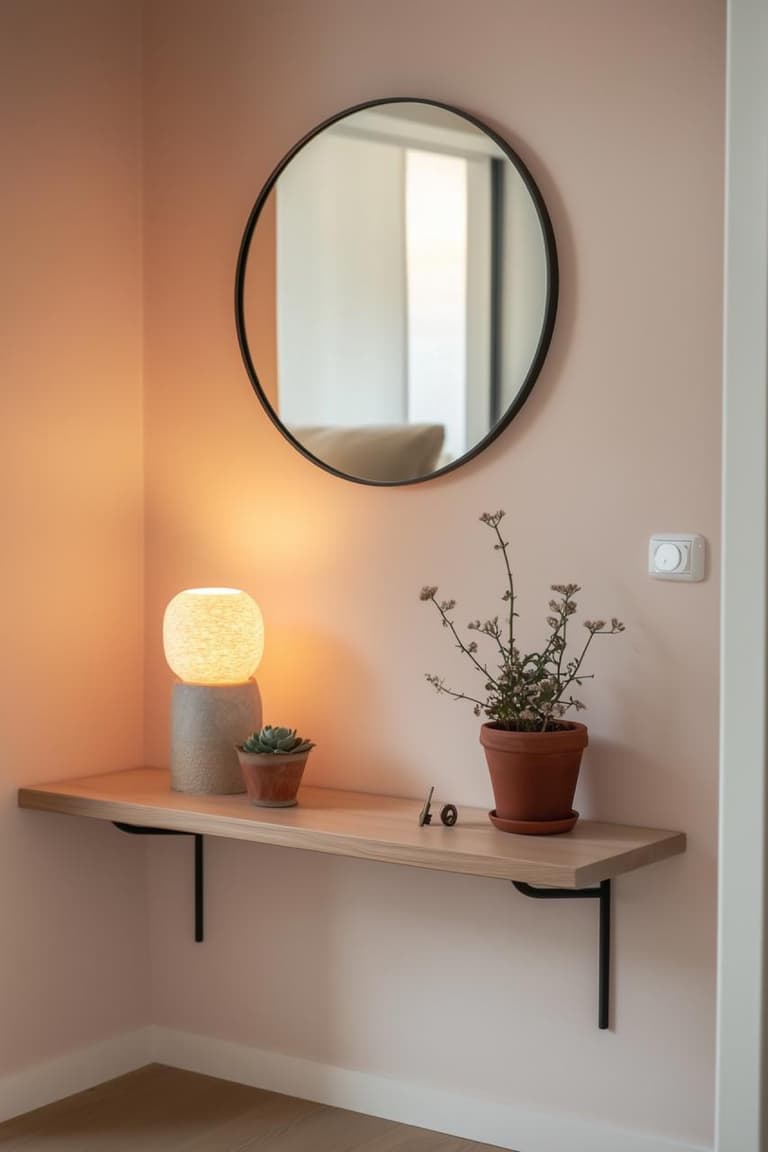 console suspendue en bois clair avec miroir rond noir, lampe chaude, plante en pot et clés dans une entrée aux murs rose poudré
