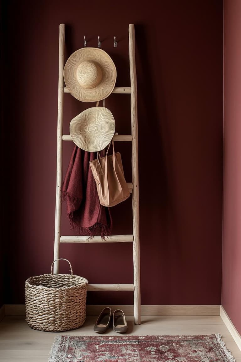 échelle de rangement en bois clair contre un mur bordeaux avec chapeaux de paille, foulard, sac camel, panier tressé et tapis ancien