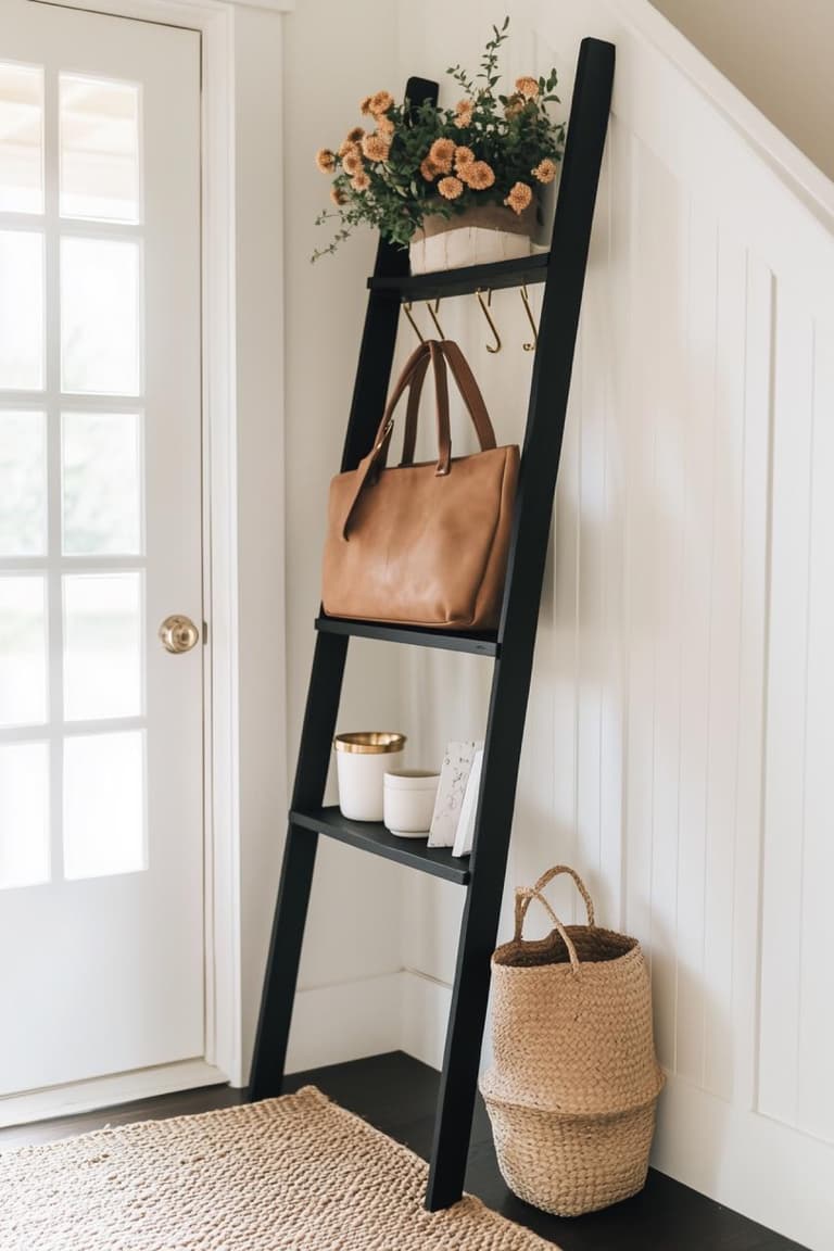 échelle de rangement noire posée dans une entrée blanche avec sac en cuir camel, petites étagères, fleurs séchées et panier tressé