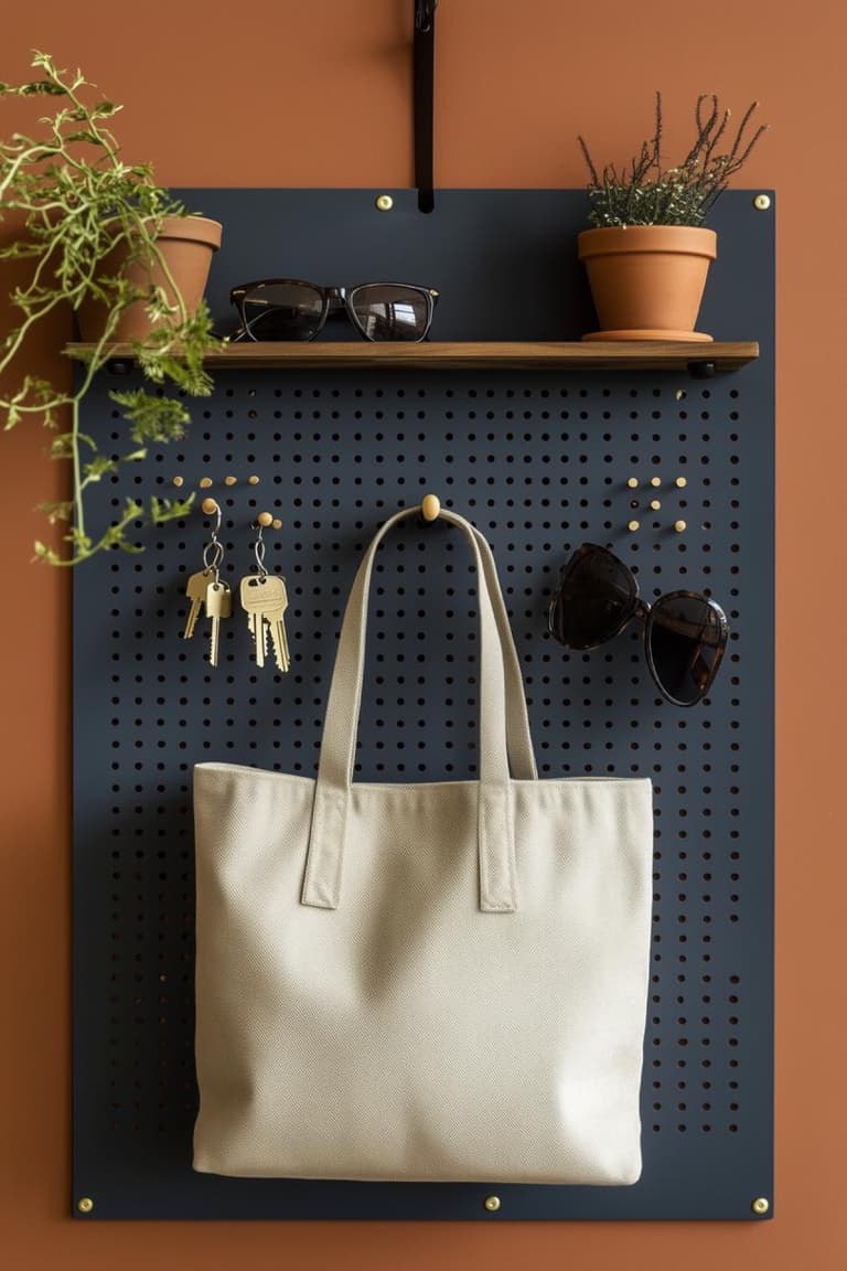 panneau mural perforé bleu avec étagère en bois, clés, lunettes de soleil, sac en toile et plantes en pot sur fond terracotta
