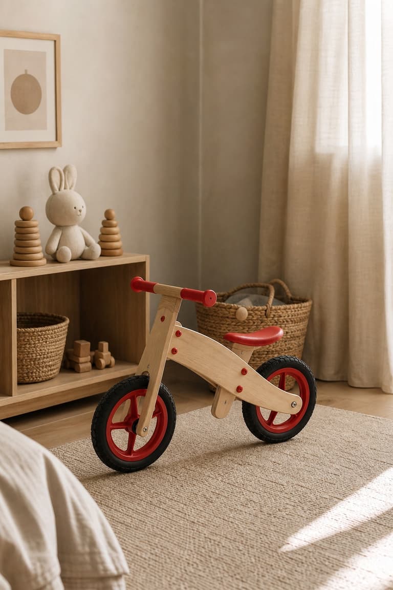 draisienne en bois clair avec selle et roues rouges posée sur un tapis beige dans une chambre d’enfant