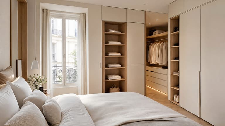 Chambre parentale lumineuse avec dressing semi-ouvert, façades beige clair, niches en bois et lit blanc cassé.