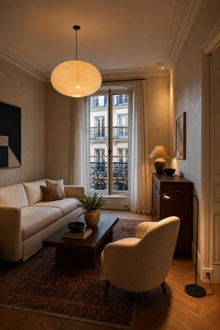 salon haussmannien chaleureux avec suspension en papier, lampadaire de lecture, lampe d’appoint et éclairage doux en plusieurs niveaux