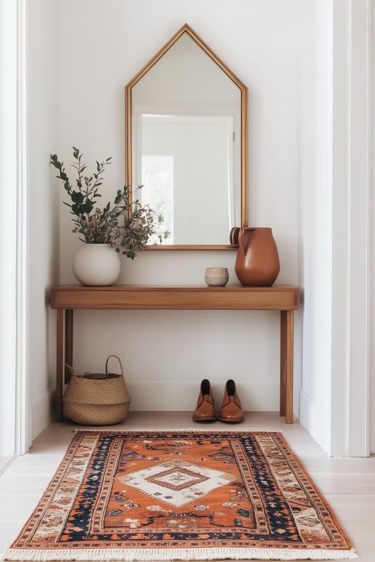 tapis berbère terracotta dans une entrée lumineuse avec console en bois, miroir et vase