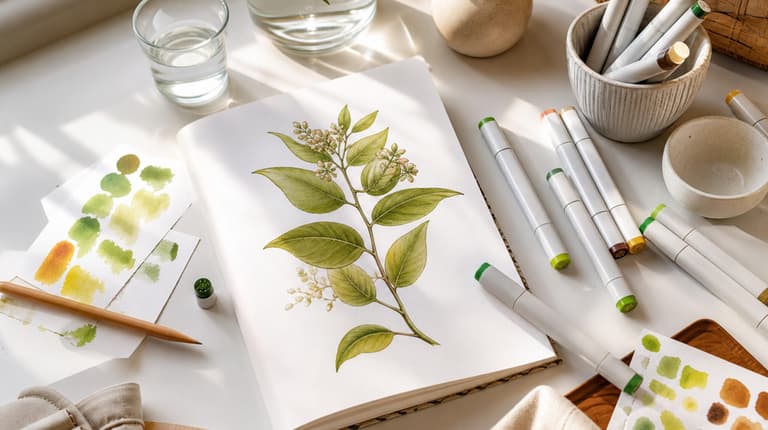 Flat lay de marqueurs à alcool sur un bureau blanc avec carnet de croquis ouvert sur une illustration botanique en cours, lumière naturelle douce