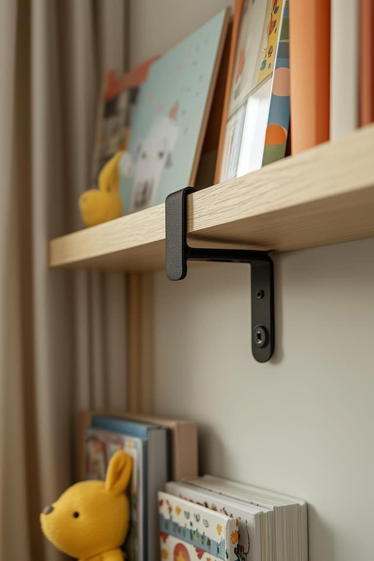 Gros plan sur une équerre noire fixant une étagère murale en bois dans une chambre d’enfant, avec livres et jouet posés à proximité pour illustrer la sécurité des rangements en hauteur.