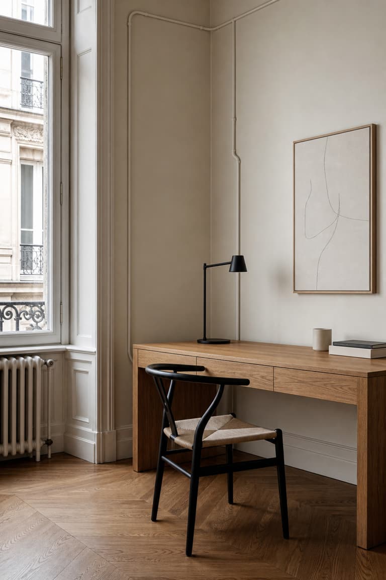 coin bureau lumineux avec goulotte électrique apparente peinte ton sur ton le long du mur, bureau en bois et lampe noire