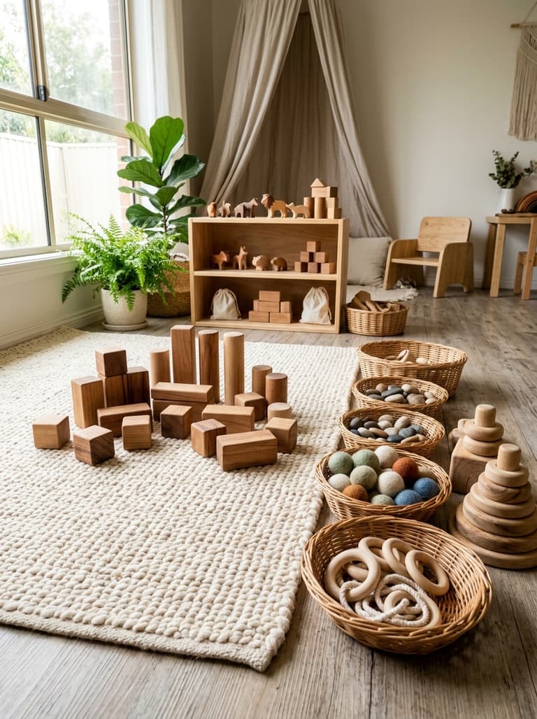 Gros plan sur un tapis en coton tissé et des blocs de construction en bois massif non traité pour un coin jeu naturel et sécurisé.