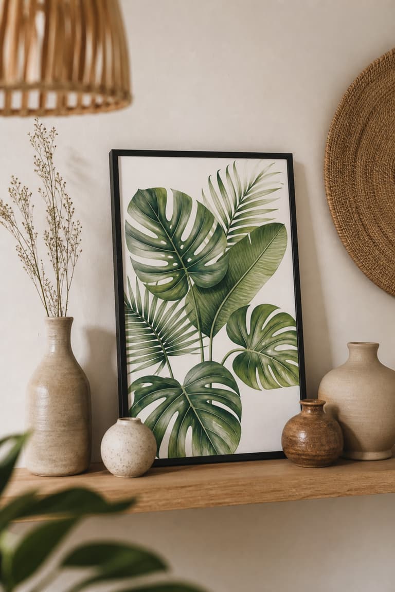 Illustration botanique encadrée réalisée aux marqueurs à alcool, feuilles tropicales en tons verts, cadre noir sur mur blanc au-dessus d’une étagère