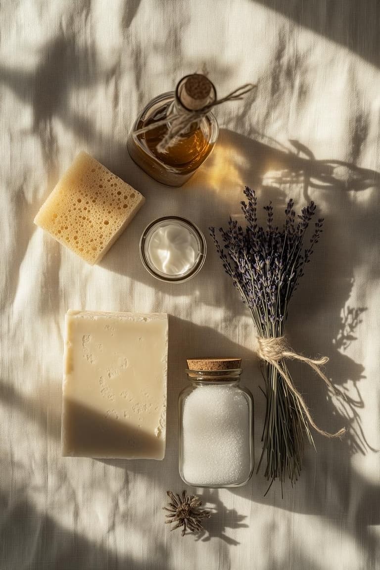 savon, bicarbonate, éponge et lavande sur un tissu clair pour nettoyer un tapis naturellement