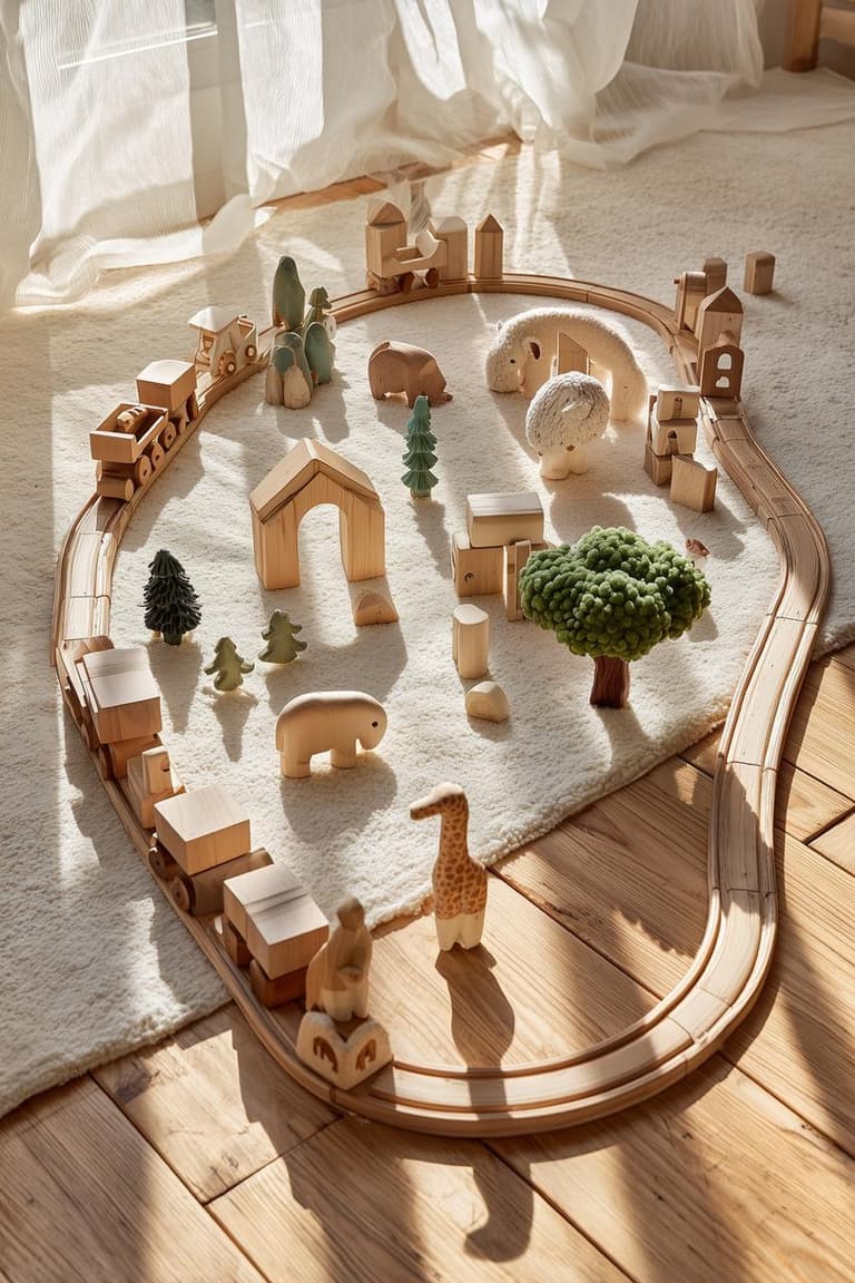 circuit de train en bois avec animaux et arbres miniatures dans une chambre d’enfant lumineuse