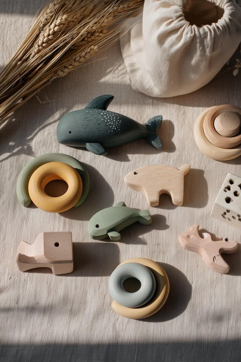 jouets en bois naturels, animaux, anneaux d’empilage et textiles doux dans une ambiance beige et sauge