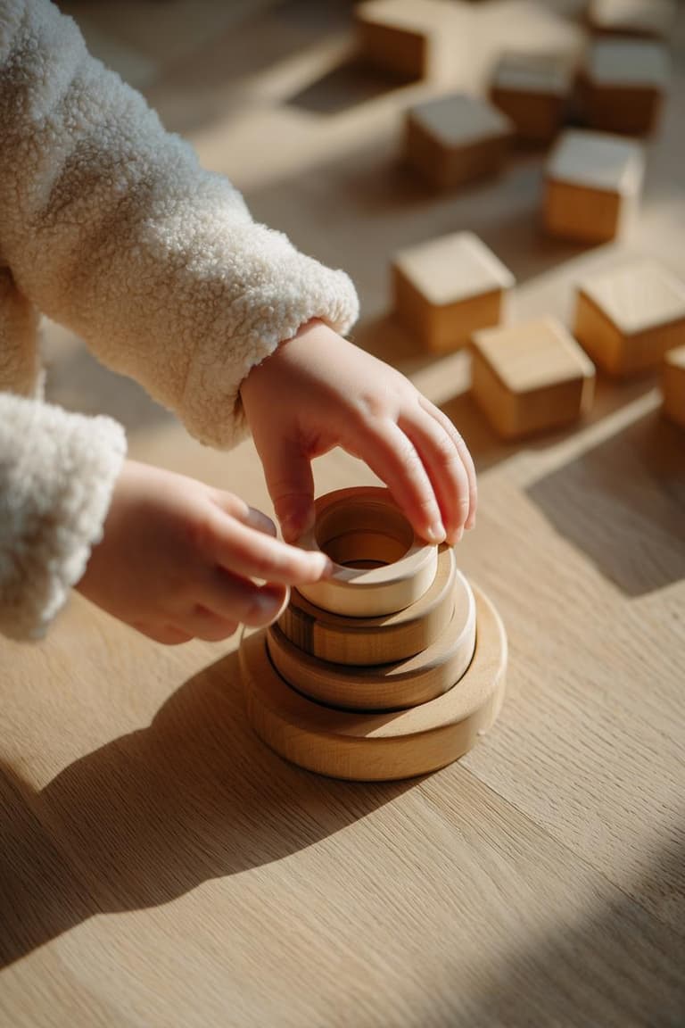 mains d’enfant empilant des anneaux sur un jeu en bois pour travailler la motricité fine