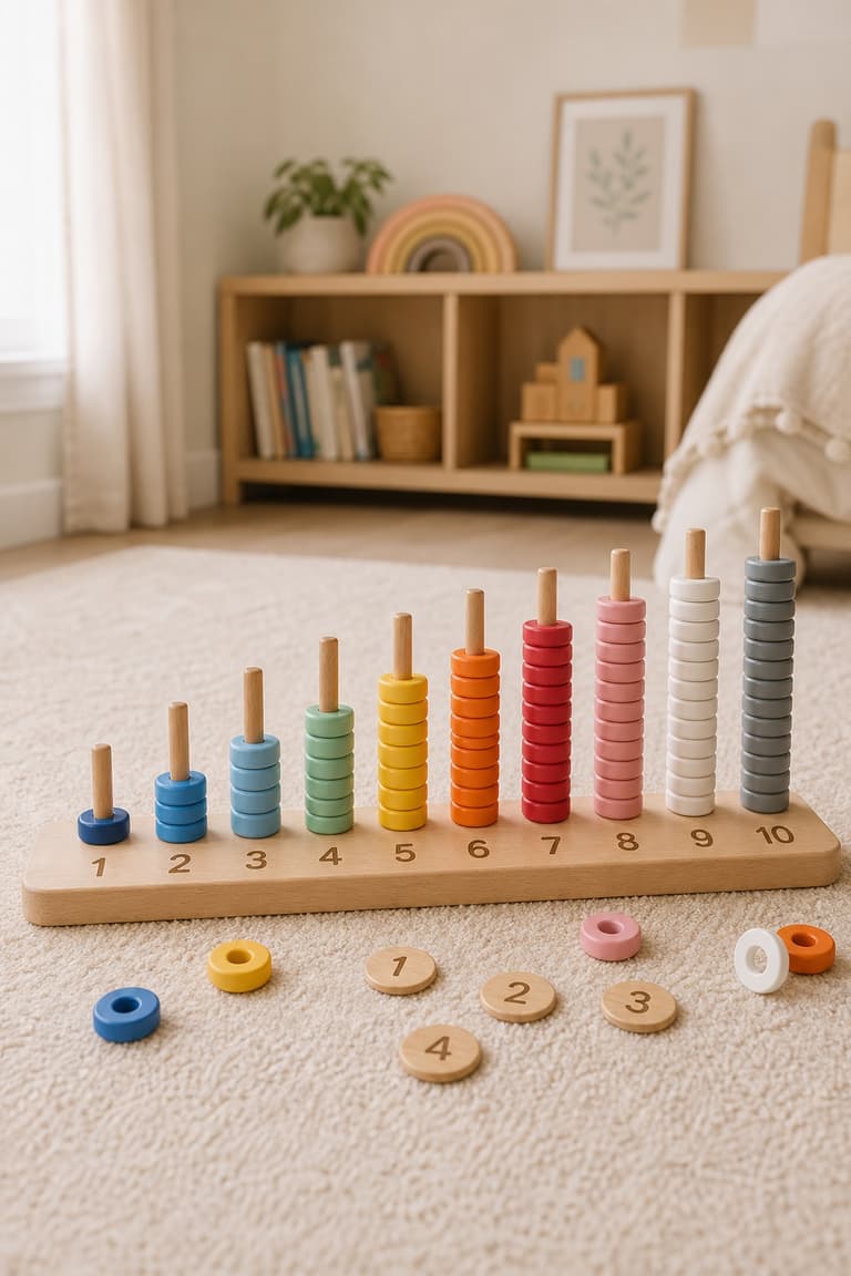jeu en bois avec chiffres, anneaux colorés et tiges de tri dans une chambre d’enfant lumineuse