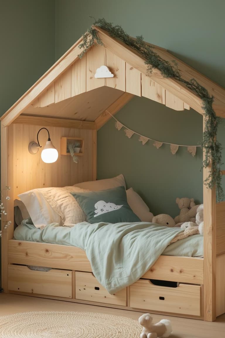Lit cabane en bois clair avec rangements intégrés, linge de lit vert doux, peluches et mur vert sauge dans une chambre d’enfant chaleureuse et apaisante.