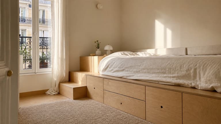 lit estrade en bois clair avec tiroirs de rangement intégrés dans une chambre lumineuse aux tons naturels