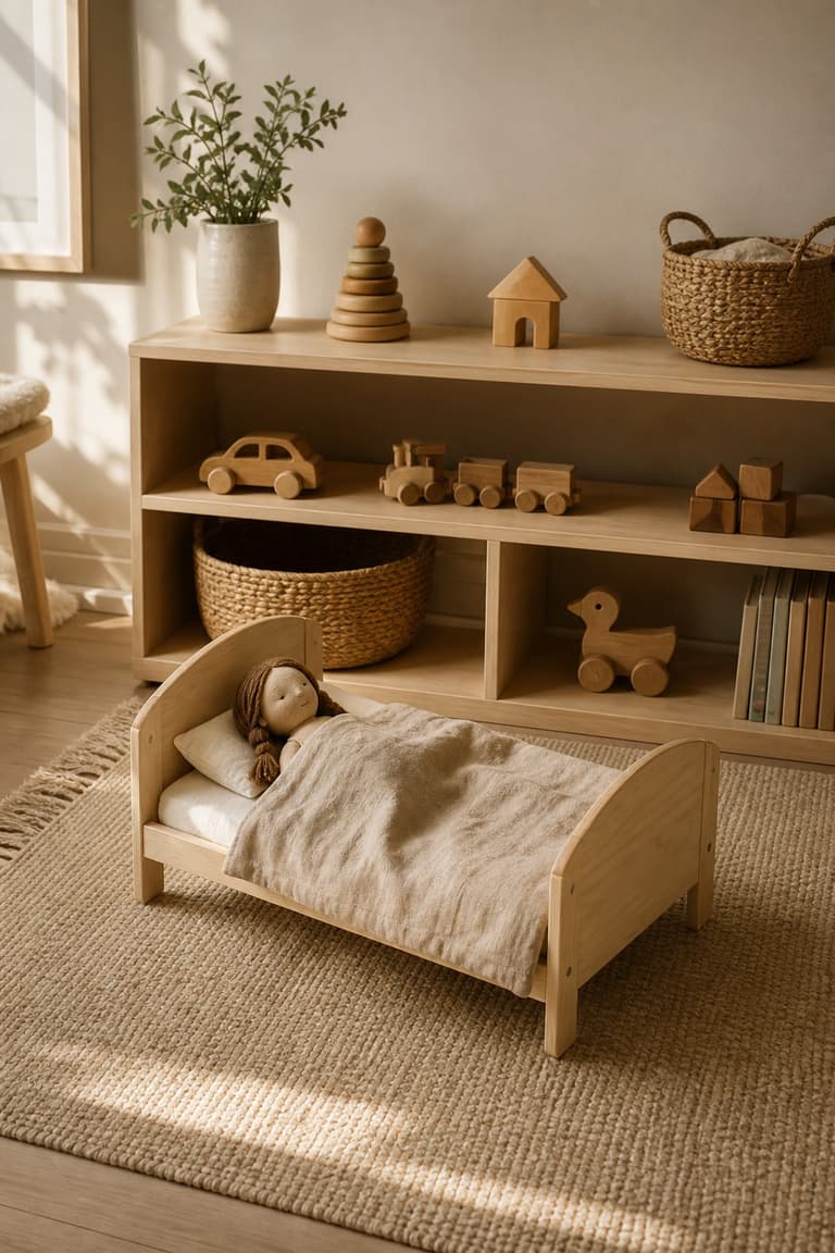 petit lit de poupée en bois avec couverture beige et poupée en tissu dans une chambre d’enfant