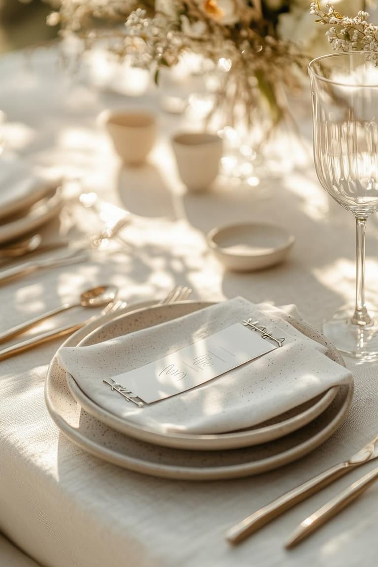 Marque-places en argile blanche aux formes organiques avec détail chrome pour une table d’été élégante.