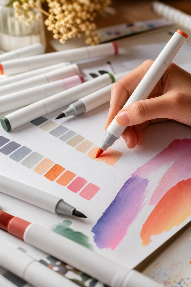 Gros plan sur des marqueurs à alcool colorés disposés sur du papier blanc avec des aplats de couleur montrant la technique de dégradé