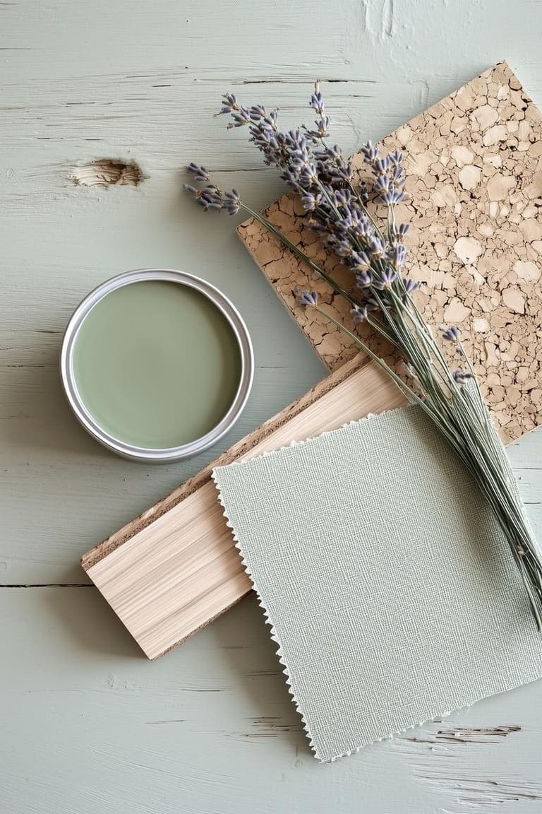 Sélection de matériaux sains pour un coin jeu d’enfant avec peinture vert sauge, bois clair, liège, tissu naturel et brins de lavande sur une table en bois peint.