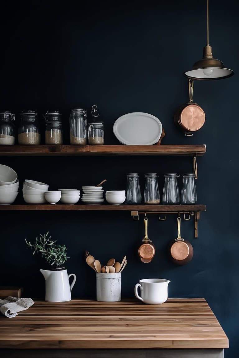 Cuisine avec mur bleu nuit mat, étagères en bois, bocaux en verre, vaisselle blanche et casseroles en cuivre suspendues.