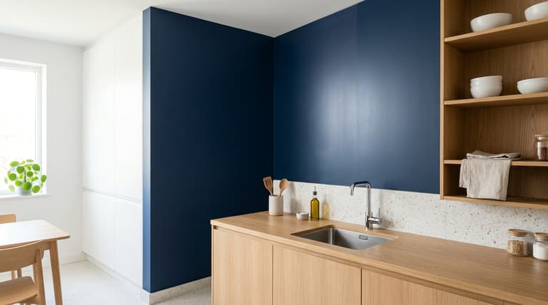 Petite cuisine lumineuse fraîchement repeinte pour comparer l’effet des finitions mates, satinées et velours dans un petit espace.