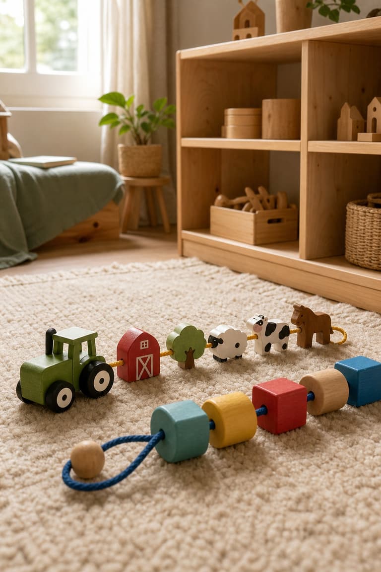 grosses perles en bois thème ferme avec tracteur, animaux et formes colorées sur un tapis beige