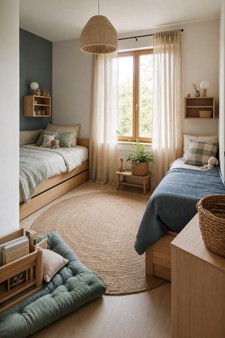 Petite chambre partagée avec deux lits séparés, tapis rond, coin lecture au sol et rangements muraux en bois clair