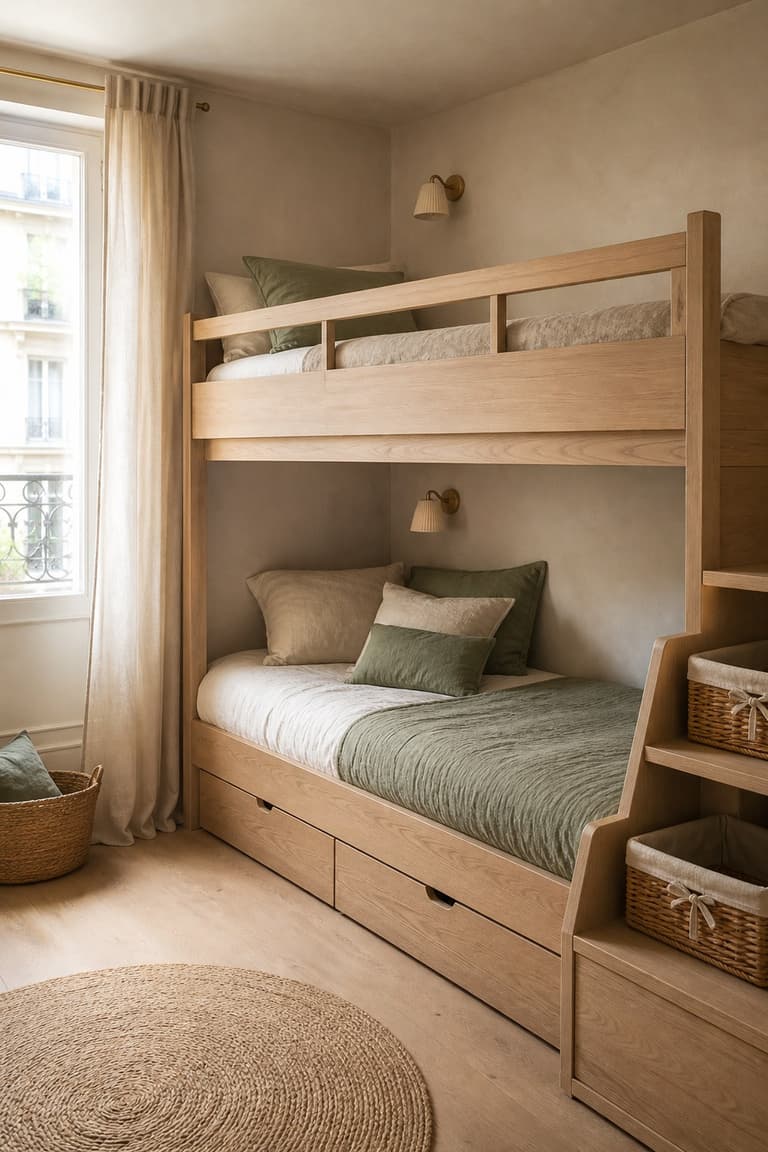 Lit superposé en bois clair dans une petite chambre partagée avec linge vert sauge, paniers et rangements intégrés