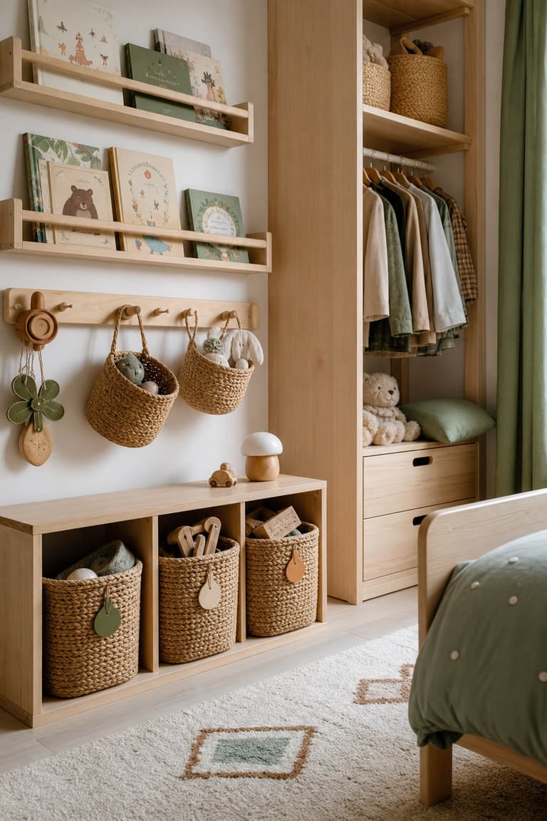 Rangements bas, paniers en fibres naturelles, étagères murales et penderie ouverte dans une petite chambre d’enfants