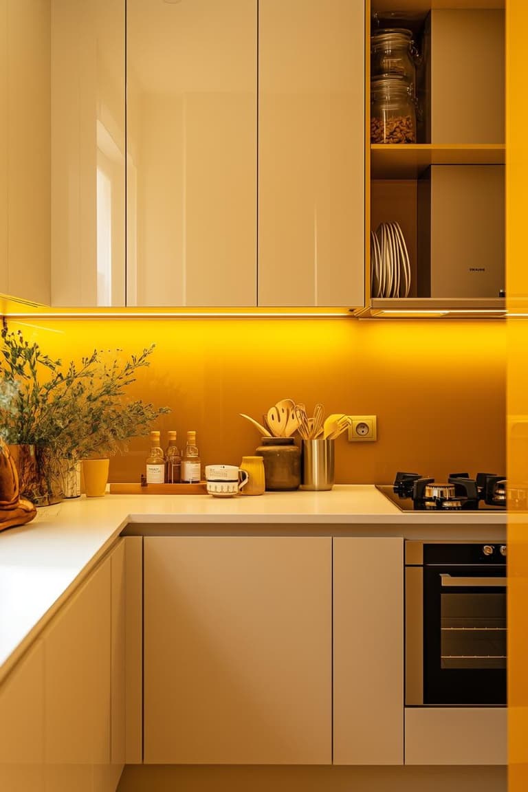 Petite cuisine compacte avec crédence jaune satinée, meubles lisses beige clair, éclairage sous meubles et zone de cuisson intégrée.