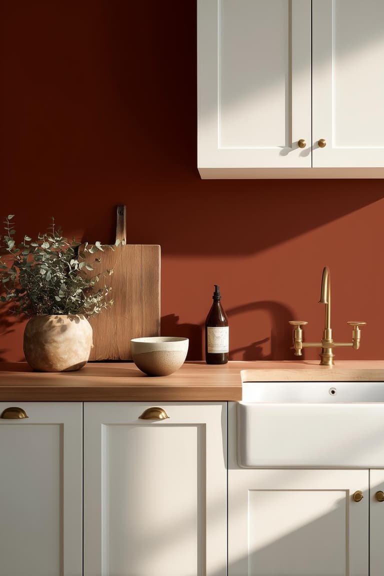 Petite cuisine avec mur terracotta mat, meubles crème, plan de travail en bois clair et robinetterie en laiton près de l’évier.